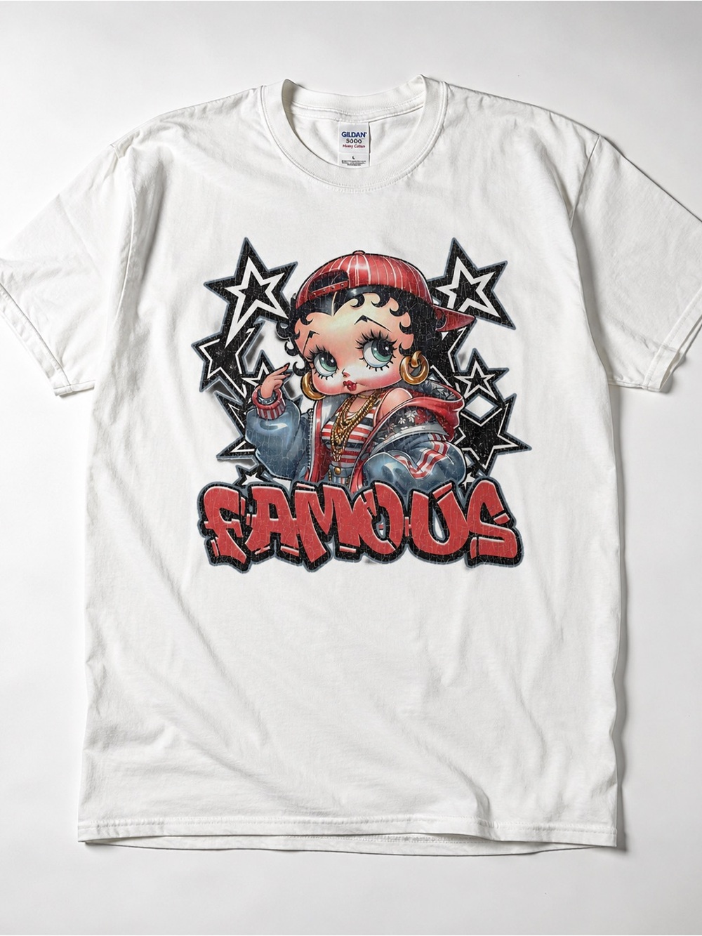 Gildan White Tee with Red 'Famous' Graphic and Black Star Accents